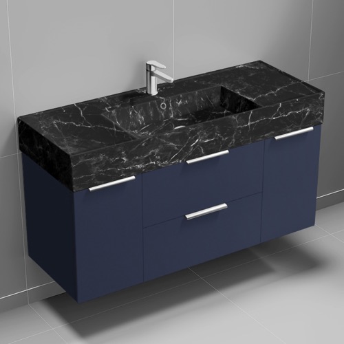 Nameeks DERIN990 Modern Bathroom Vanity With Black Marble Design Sink, Wall Mount, 48 Inch, Night Blue